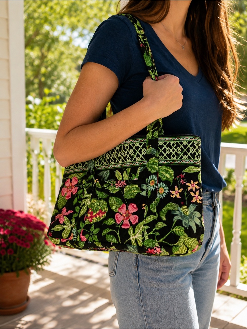 Vera Bradley Floral Quilted Tote Bag – Black Tropical Print Shoulder Purse